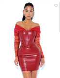 Faina Burgundy Mesh Sleeve Leather Corset Dress