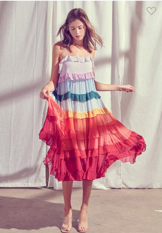 Rainbow Tiered Ruffled Layers Maxi Dress