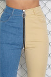 Half Contrast Colorblock Zipper Denim Jeans