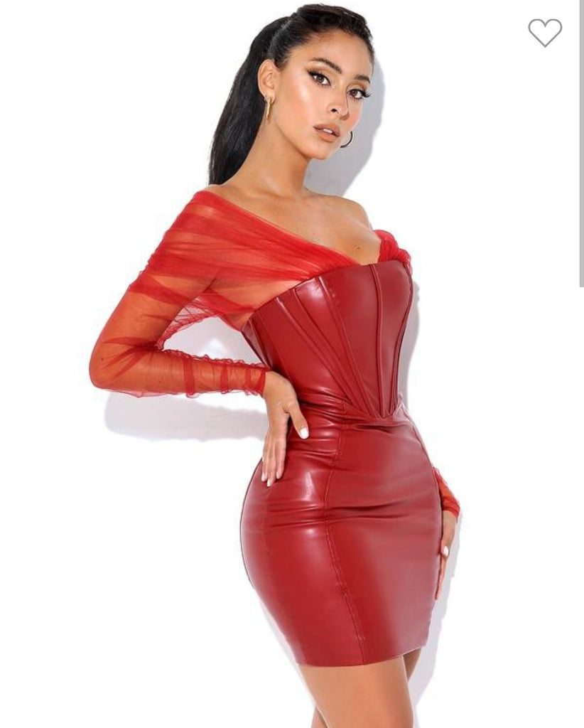 Faina Burgundy Mesh Sleeve Leather Corset Dress Kooky's Kloset Faina Burgundy Mesh Sleeve Leather Corset Dress Kooky's Kloset