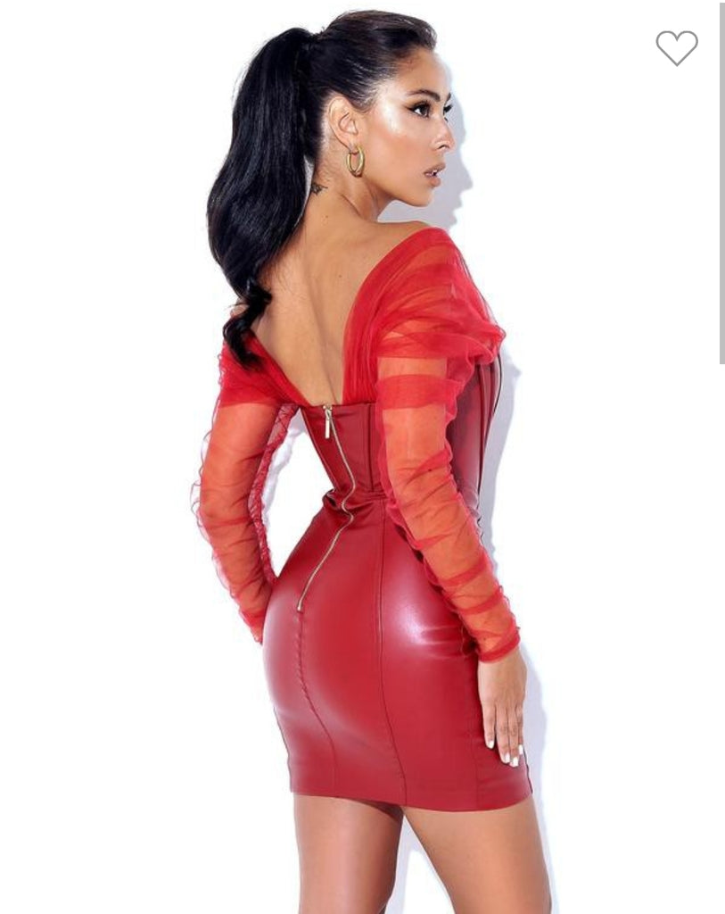 Faina Burgundy Mesh Sleeve Leather Corset Dress Kooky's Kloset Faina Burgundy Mesh Sleeve Leather Corset Dress Kooky's Kloset