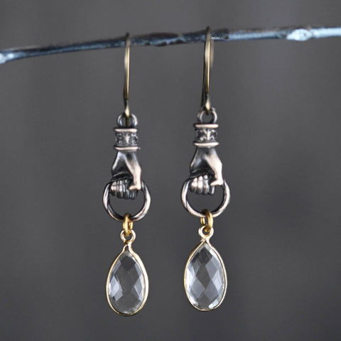 Bronze Grasping Hand Earrings w/ Crystal Dr